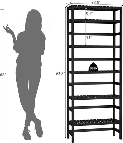Homykic 6-Tier Bamboo Bookshelves and Bookcases, Adjustable 63.4”Tall Shallow Book Shelf Organizer Rack, Freestanding Storage Shelving Unit for Living Room, Kitchen, Bathroom, Office, Black