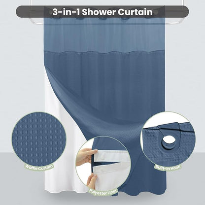 Inhousolu Long No Hook Shower Curtain with Snap in Fabric Liner Set Waffle Weave 230GSM Weighted Hem, Waterproof & Washable Bathroom Curtain Spa Luxury with Mesh Top Window 72"W x 78"L Moonlight Blue