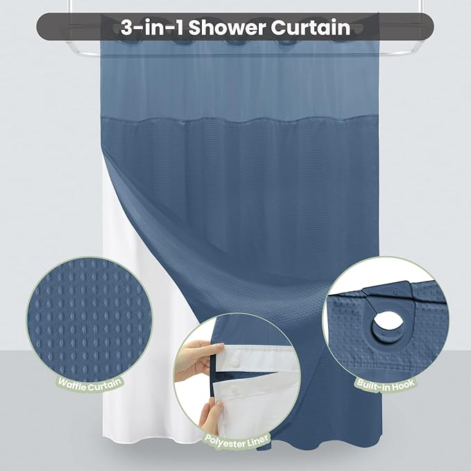 Inhousolu No Hook Shower Curtain with Snap in Fabric Liner Set Waffle Weave 230GSM Weighted Hem, Waterproof & Washable Bathroom Curtain Spa Luxury with Mesh Top Window 72" W x 72" L Moonlight Blue
