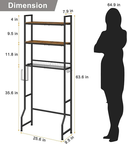 smusei Over The Toilet Storage Shelf, 3 Tier Bathroom Organizer Over The Toilet with Hooks and Toilet Paper Holder Freestanding Wooden Above Toilet Storage Cabinet Rack, Rustic Brown