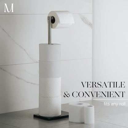 MARMOLUX ACC Free Standing Brushed Nickel Toilet Paper Holder Stand - 4 Jumbo Roll Bathroom Hardware - Standing Toilet Paper Holder - Stainless Steel Toilet Paper Stand - Brushed Steel/Black Marble