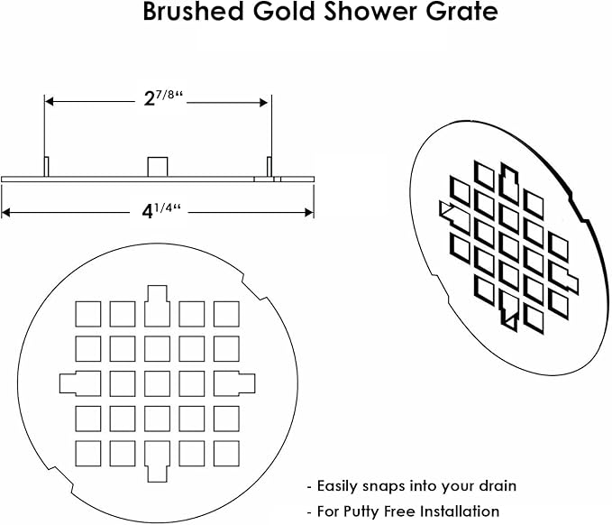 4 ¼” Brushed Gold Snap-in Shower Drain Cover - Gold Replacement - 4.25" OD Shower Drain Strainer - Easy Install - Premium Round Shower Drain Cover - Solid Brass Construction
