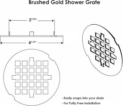 4 ¼” Brushed Gold Snap-in Shower Drain Cover - Gold Replacement - 4.25" OD Shower Drain Strainer - Easy Install - Premium Round Shower Drain Cover - Solid Brass Construction