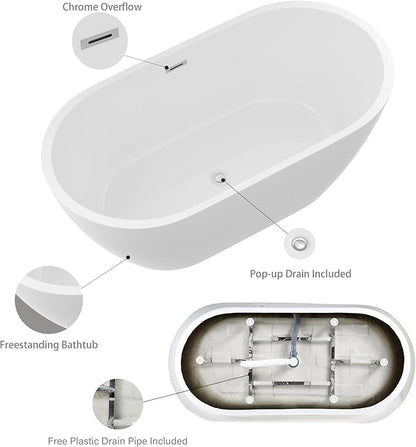 Logmey 59 Inch White Acrylic Freestanding Bathtub with Overflow Oval Shape Soaking Tub for Classic and Modern Bathrooms Chrome, Drain & Overflow Assembly Included
