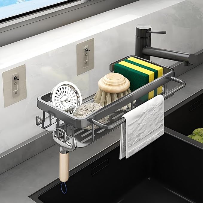 Kitchen Sink Drain Storage Rack Wall Mount Sponge Holder with Drainer Shampoo Soap Storage Shelf Toilet Balcony Bathroom Dishwashers Wire Rags Sponge Sink Drain (Gray)