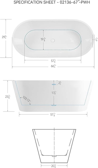 FerdY 67" Shangri-La Elite, Acrylic Freestanding Bathtub, Modern & Contemporary Design Soaking Tub with Polished White Drain Pop-Up Drain and Minimalist Design Overflow, cUPC Certified