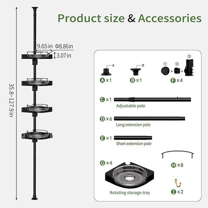 Shower Caddy Tension Pole with 4 L-Lazy Susan Organizer 360 Rotating 35-128 Inch No Drilling Floor Standing Shelves Adjustable Shower Rack for Bathroom Corner (Black)