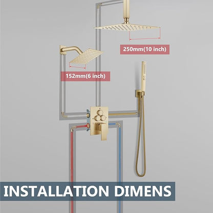 Aolemi Shower Faucet Set Ceiling Mount Shower System Rough-in Valve and Shower Trim Kit 10 and 6 Inch Dual Shower Head 2 in 1 Handheld Spray Push Button Diverter Brushed Gold
