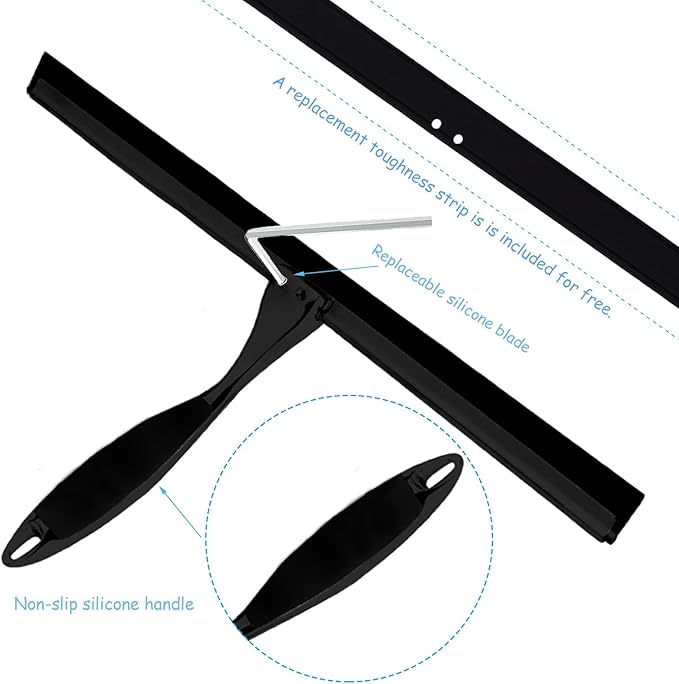 Shower Squeegee for Glass Doors, 12 Inches Bathroom Squeegee with Spare Silicone Blade, Shower Door Hook and Adhesive Hook, Stainless Steel Bathroom Squeegee for Mirror Window (12in-Black-1 Pack)