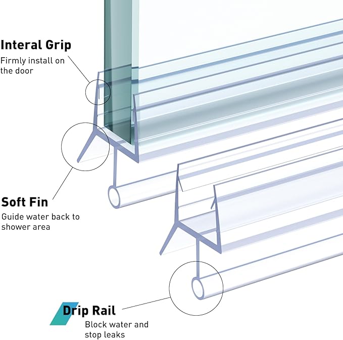 Shower Door Bottom Seal,2 PCS 1/2" X 36" Shower Door Sweep for 1/2 Inch Glass,Frameless Glass Door Seal Strip to Seal 12mm Gap - Stop Shower Leaks and Create a Water Barrier