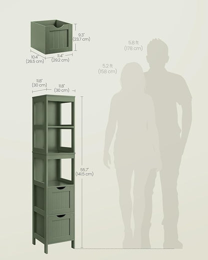 VASAGLE Storage Cabinet, Storage Organizer Rack Stand for Bathroom, Living Room, Bedroom, Multifunctional Corner Unit, 2 Drawers, 55.7 Inches in Height, Forest Green UBBC066C01