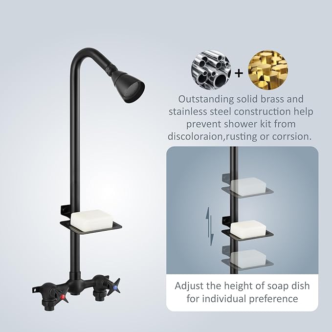Aolemi Outdoor Shower Kit Fixtures Faucet System with High Pressure Showerhead Utility 2-Handle Exposed Shower with Brass Mix Valve 6 Inch Center with Soap Dish Matte Black