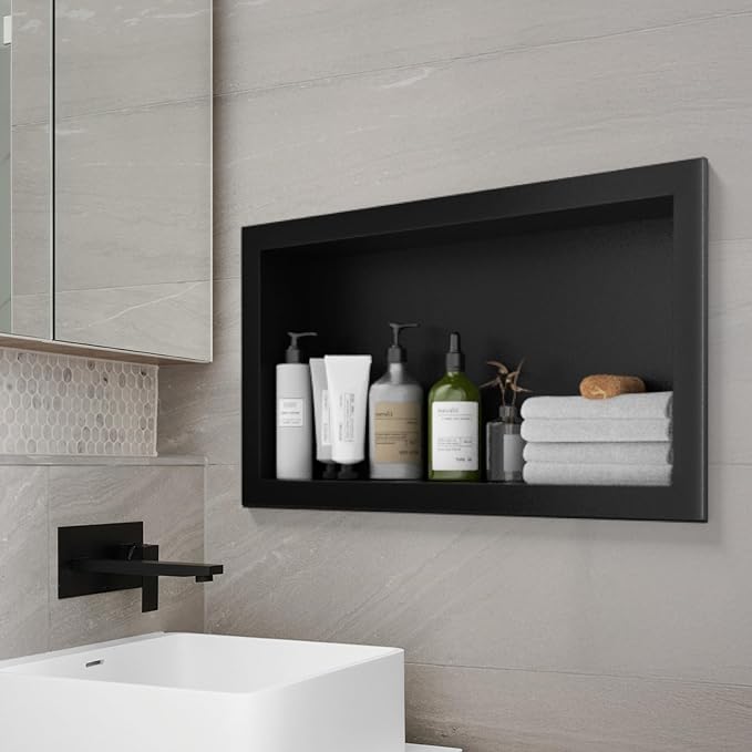 Stainless Steel Shower Niche 12" x 24", Single-Layer Wall Mounted No Tile Needed, Recessed Shower Niche with Hollow Partition, Shower Niches Shelf for Bathroom Organizer, Black