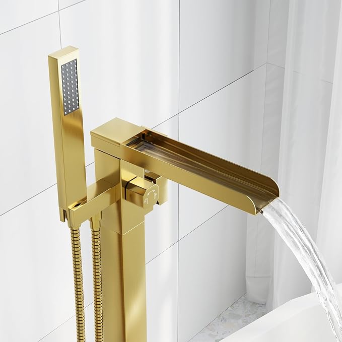Freestanding Bathtub Faucet, Floor Mount Bathtub Faucet with 2 Water Outlet Modes, Swivel Gooseneck Spout with Hand Shower,Single Handle, Max Flow Rate 7.4 GPM (Waterfall-Gold)