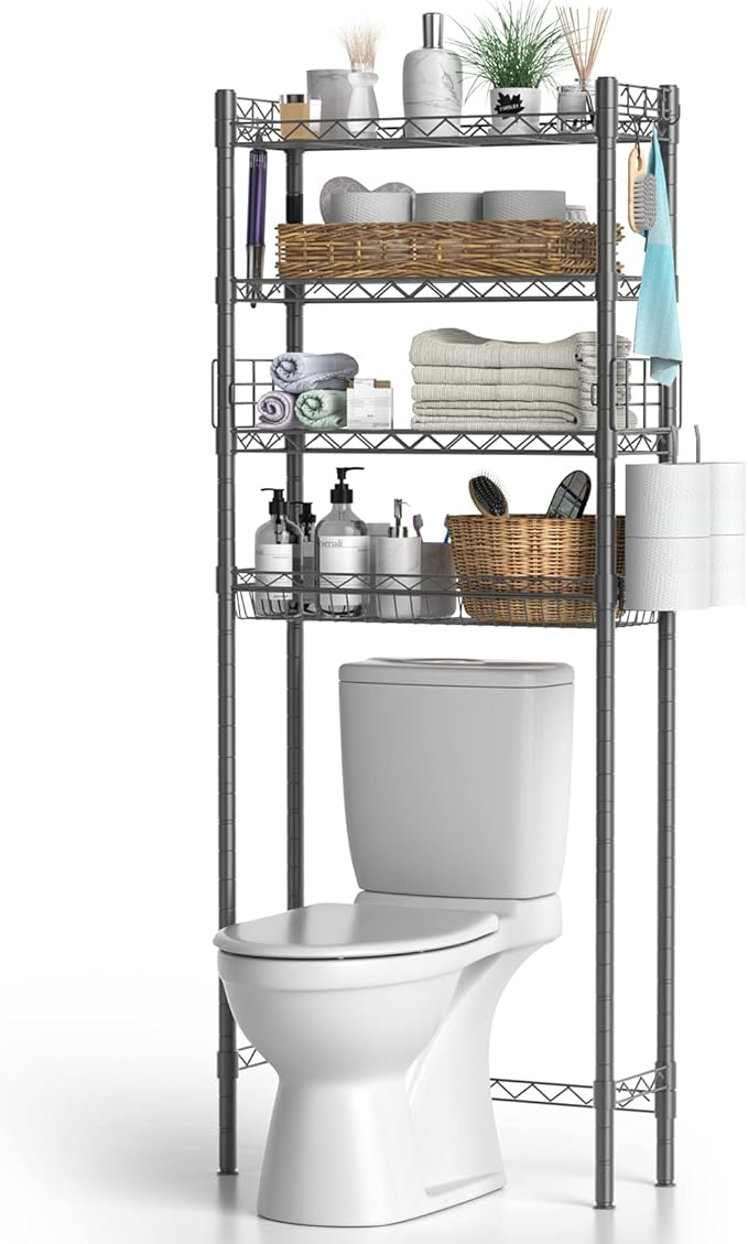 4-Tier Toilet Shelf Storage, Bathroom Organizer Shelves Over Toilet Storage, Above Toilet Tack Free Standing Bathroom Space Saver with Adjustable Basket and Shelves, Gray
