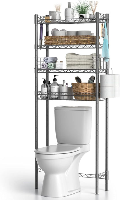 4-Tier Toilet Shelf Storage, Bathroom Organizer Shelves Over Toilet Storage, Above Toilet Tack Free Standing Bathroom Space Saver with Adjustable Basket and Shelves, Gray