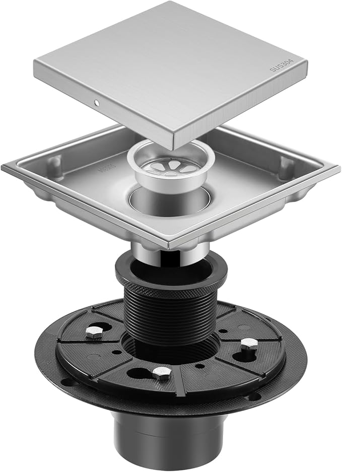 Hidden Brushed Square Shower Floor Drain, Silver 6 inch, 304 Stainless Steel, with Flange, Detachable Cover Embedded with Ceramic Tiles