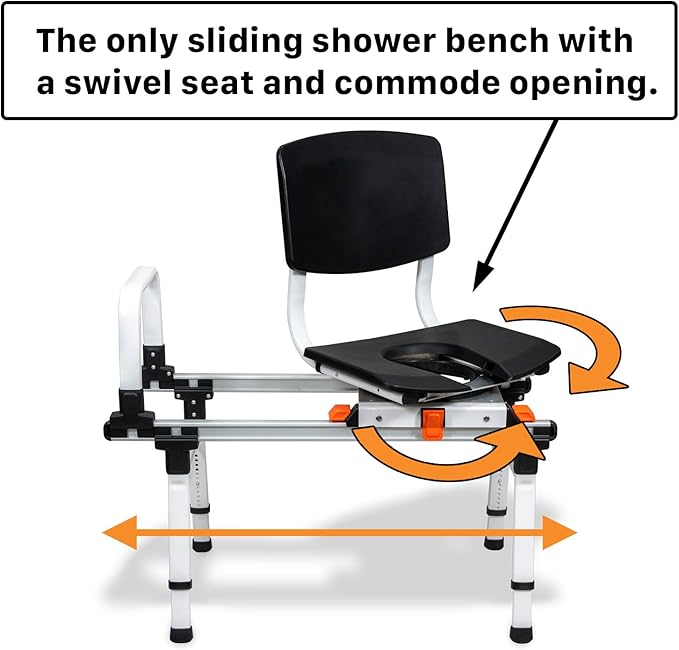 ShowerGlyde SG3 - FSA HSA Eligible | Sliding Transfer Bench for Tight Spaces, Swivel Seat, Grab Bar, and Height Adjustable - Ideal Sliding Shower Chair for Compact Bathrooms