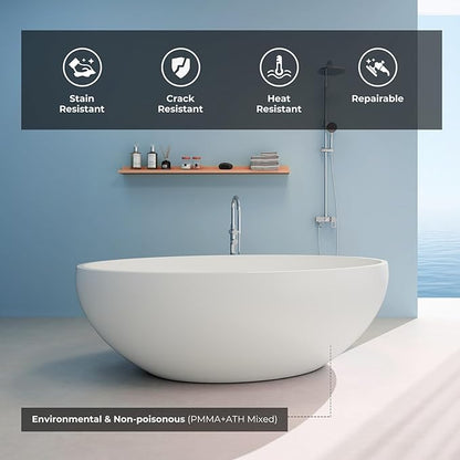 Upgraded 67" Stone Resin Freestanding Bathtub, Oval Solid Surface Extra Wide Tub with Overflow and Pop-up Drain, Matte White
