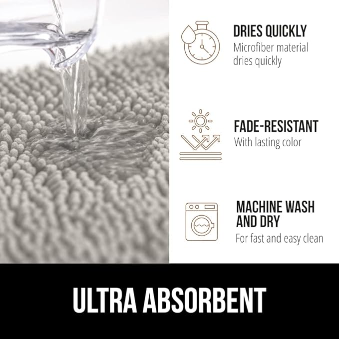 GORILLA GRIP Bath Rug Mat 44x26, Soft Absorbent Chenille, Quick Dry Microfiber Mats, Rubber Backing Washable Shower Floor Rugs, Bathmat Runner, US Designed Bathroom Home Decor Accessories Light Gray
