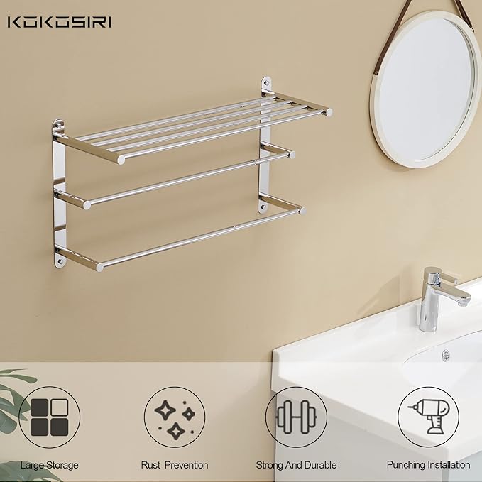 KOKOSIRI Storage Organizer Shelf Wall Mounted Double Towel bar with Shelf Bathroom Towel Rack Double Towel Rack, Polished Chrome, B5003CH