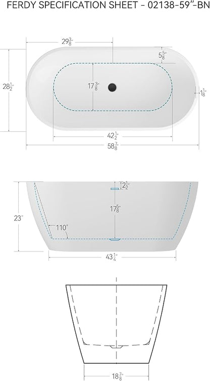 FerdY 59" Bali Elite Acrylic Freestanding Bathtub, Gracefully Shaped Freestanding Soaking Bathtub, cUPC Certified, Toe-Tap Black Drain and Minimalist Linear Design Overflow Included