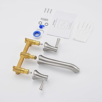 Wall Mount Tub Filler Brass Tub Faucet Brushed Nickel Bathroom Bathtub Faucets with 2 Handles