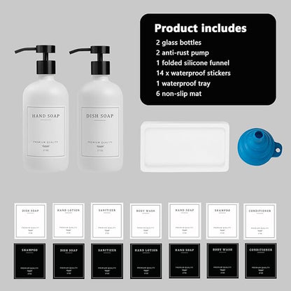 Kitchen Soap Dispenser - Hand and Dish Soap Dispenser Set, Bathroom Glass Soap and Lotion Dispenser with Pump, Tray, 14 Waterproof Labels, Set of 2 White Bottle/Black Pump-pd