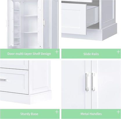 Merax 64" H Storage Cabinet with Drawers and Door Racks, Tall Freestanding Bookshelf Pantry Space Saver for Bathroom or Kitchen, Adjustable Shelf, White