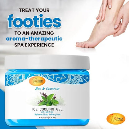 SPA REDI - Massage Cooling Gel for Pedicure, Mint and Eucalyptus Oil with Menthol 16 Oz, Peppermint Extract - Professional Strength Pedicure Foot and Leg Ice Cooling Gel Massage Therapy,