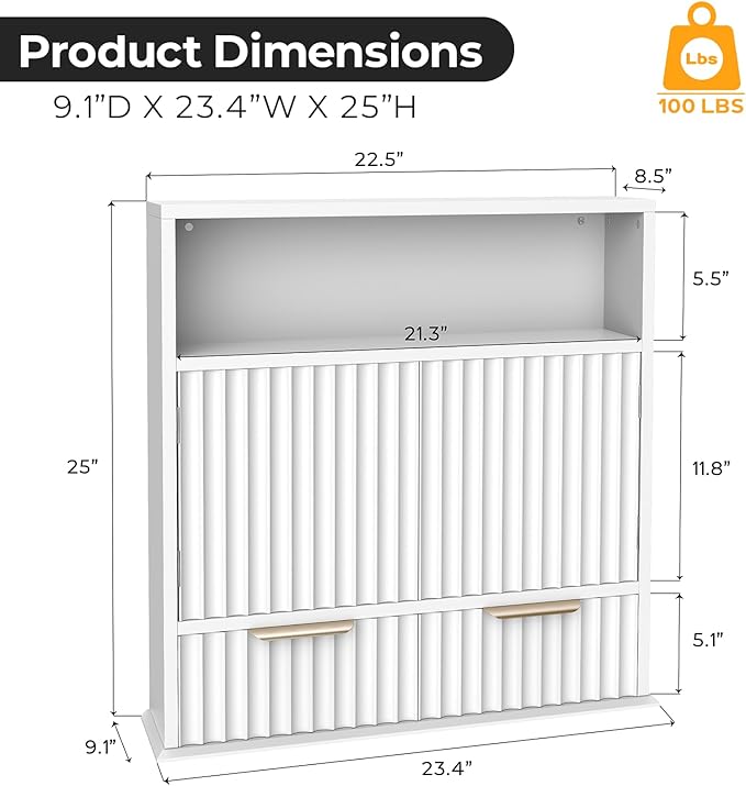Bathroom Wall Cabinet, Wall Mounted Medicine Cabinet with Drawers, Modern Farmhouse Storage Cabinet with with Adjustable Wood Shelf & Doors for Bathroom, Kitchen, Laundry Room (White)