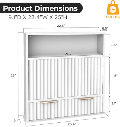 Bathroom Wall Cabinet, Wall Mounted Medicine Cabinet with Drawers, Modern Farmhouse Storage Cabinet with with Adjustable Wood Shelf & Doors for Bathroom, Kitchen, Laundry Room (White)