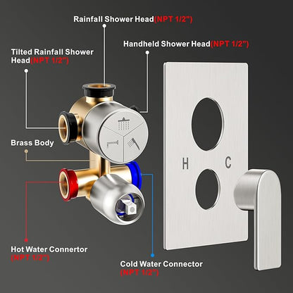 Shower Faucet Set,3-Setting Push Button Brushed Nickel Shower System, 12 Inch Ceiling Mounted Shower Head, 6 Inch Wall Mounted Rain Shower Head with 2 in 1 Handheld Spray, Shower Valve Trim Kit