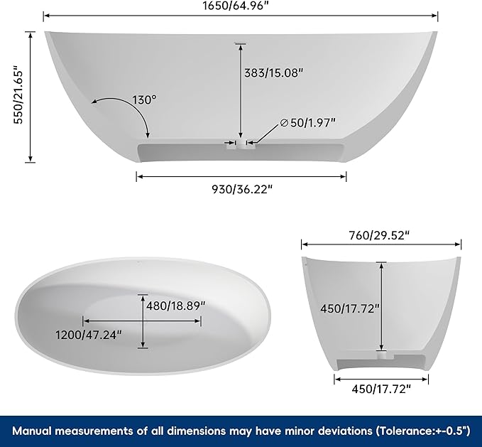65" Premium Solid Surface Freestanding Bathtub, Upgraded Inside White and Outside Green Stone Resin Tub with Overflow and Pop-up Drain, Matte