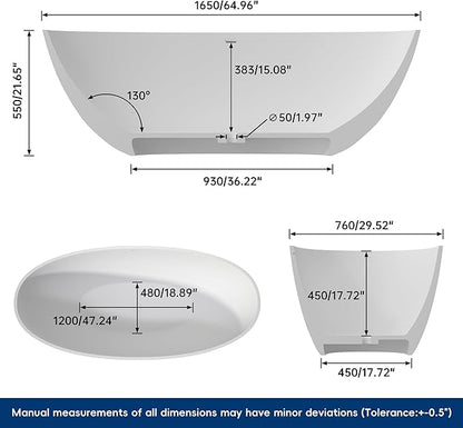 65" Premium Solid Surface Freestanding Bathtub, Upgraded Inside White and Outside Green Stone Resin Tub with Overflow and Pop-up Drain, Matte
