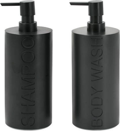 2-Pack Matte Black Resin Refillable Shampoo & Body Wash Bottles – Modern Bathroom Pump Dispenser Set, Durable Resin Shower Containers with Embossed Labels, Reusable Pump Bottle