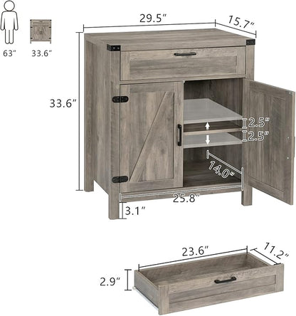 VINGLI Modern Farmhouse Sideboard Buffet Cabinet with Drawer, Storage Cabinet with Doors and Adjustable Shelves, Coffee Bar Station for Kitchen, Dining Room and Living Room, Ash Grey