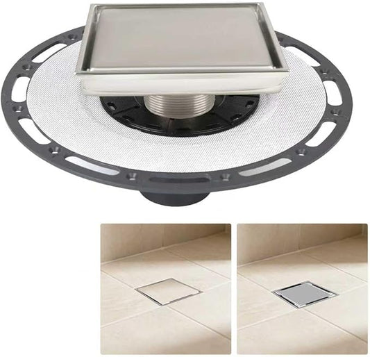 6-Inch Square Shower Drain Kit with Tiled Insert Grate, Brushed Stainless Steel Cover, PVC Bonding Flange & Hair Strainer, Fits 2" & 3" Pipes for Tiled Floors