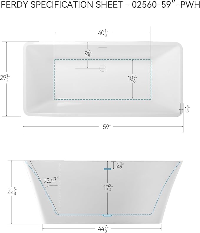 FerdY Sentosa 59" Acrylic Freestanding Bathtub, Contemporary Design Soaking Tub with Polished White Drain and Minimalist Linear Design Overflow, Easy to Install