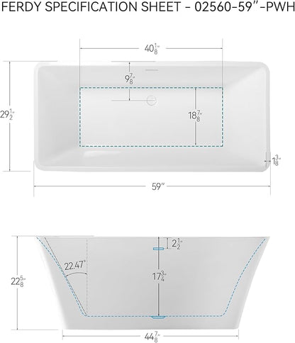 FerdY Sentosa 59" Acrylic Freestanding Bathtub, Contemporary Design Soaking Tub with Polished White Drain and Minimalist Linear Design Overflow, Easy to Install