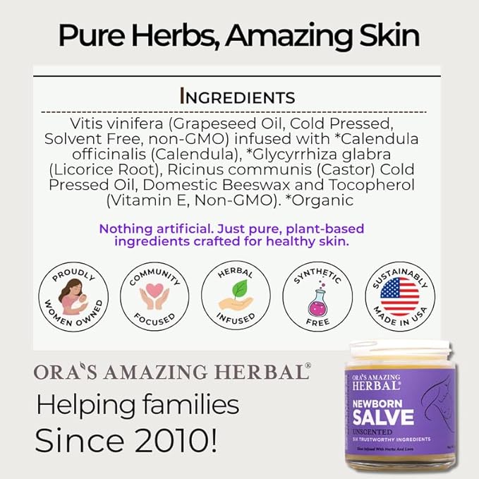 Ora's amazing Herbal, Newborn Salve, Diaper Rash Cream, Calendula Baby Balm, EWG Verified Baby Ointment, Acne Eczema, Butt Cream, Infant Massage, Natural Paraben Free, Good for Sensitive Skin