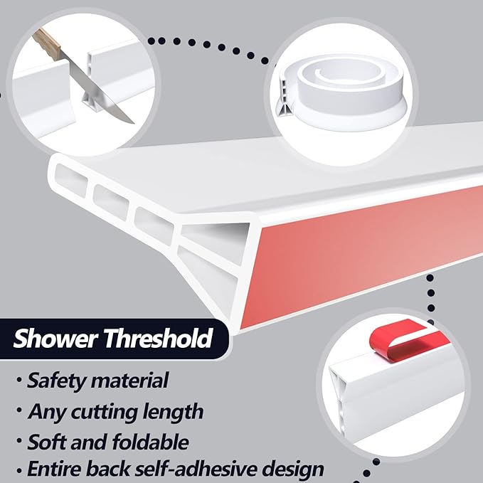 3" High Shower Threshold Water Dam 74 IN Collapsible Shower Water Splash Guard for Curbless Shower Threshold Barrier Water Stopper for Wet and Dry Separation Bathroom and Kitchen (White)