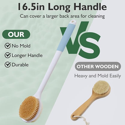 VANZAVANZU 17 Inch Anti-Slip Long Handle Back Scrubber for Shower – Dual-Sided Shower Brush and Shower Back Scrubber with Soft and Stiff Bristles for Wet or Dry Brushing (Blue)
