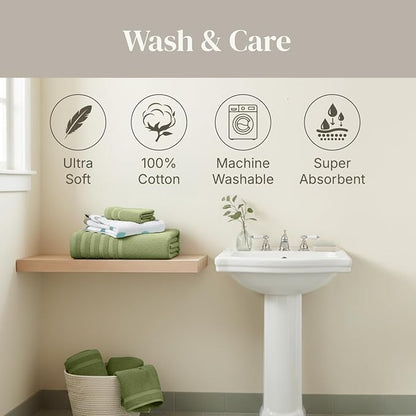 Modern Threads Organic Vines 6-Piece 100% Cotton Towel Set – Yarn Dyed Jacquard & Solid – Includes 2 Bath Towels, 2 Hand Towels, 2 Washcloths – Absorbent, Quick Dry, Soft & Durable – Sage Green