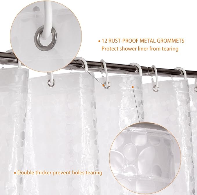 WELTRXE Shower Curtain Liner Waterproof, 8G Thick EVA, Heavy Duty Shower Liner with Magnets, 3D Pebble Bath Curtain for Stall, Bathtubs Bathroom, 72 x 72, 12 Hooks