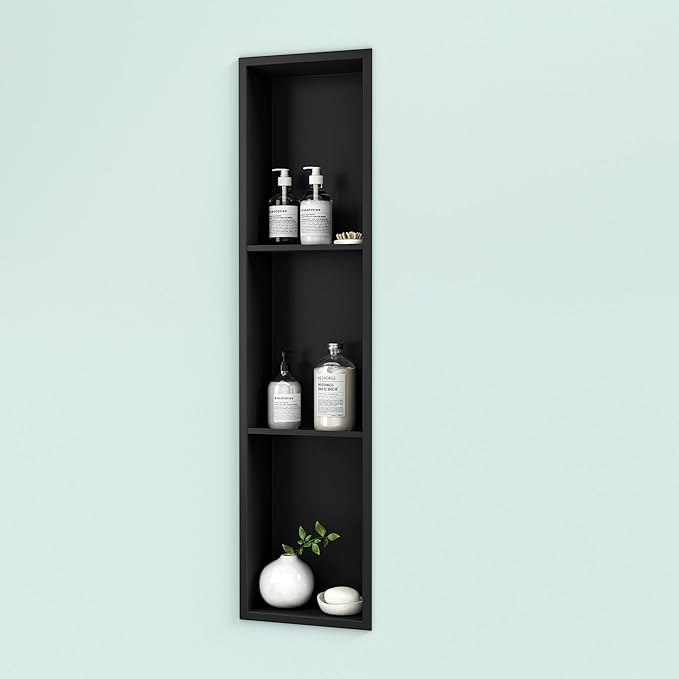 Neodrain 8X36 Inch Matte Black Three Layers Shower Niche, Stainless Steel NO Tile Needed Recessed Shelf for Bathroom Storage, 3-Tier Recessed Built-in Wall Niche