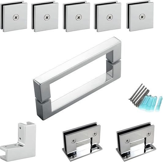 Shower Door Hardware Kit for Frameless Corner Shower Setup, Includes Hinges, Square Pull Handles, U-Clamps and Connector, for 5/16"–3/8" Glass, Bathtub or Standing Shower Use, Chrome