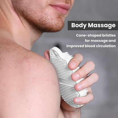 Silicone Body Scrubber Silver-Infused Dual-Sided 3-in-1 for Shower, Body Cleaning+Massage+Exfoliator Body Brush Buffer for Men and Women, Silicone Loofah, Non-Slip Handle (White)