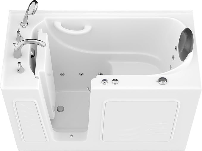 ANZZI Whirlpool Walk-In Bathtub 26" x 53" White Acrylic Left Drain 15 Jets Inline Heater Fast Drain ADA Compliant Slip-Resistant Base Quick Fill Faucet Ergonomic Pillow Chrome Trim | AMZ2653LWH-CP