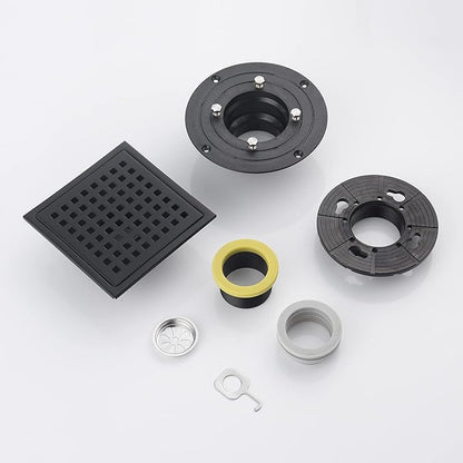 6 Inch Shower Drain Black Matte with Adjustable Shower Drain Base Flange SUS304 Stainless Steel Floor Drain Cover Removable Mesh Grille